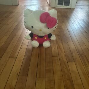 Hello Kitty Stuffed Animal with Pink Bow and Red Overalls